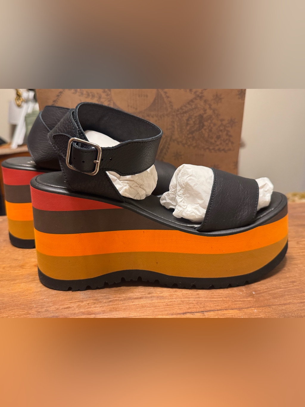 Free People Black Leather Platform Sandals With Multicolor Striped Wedge